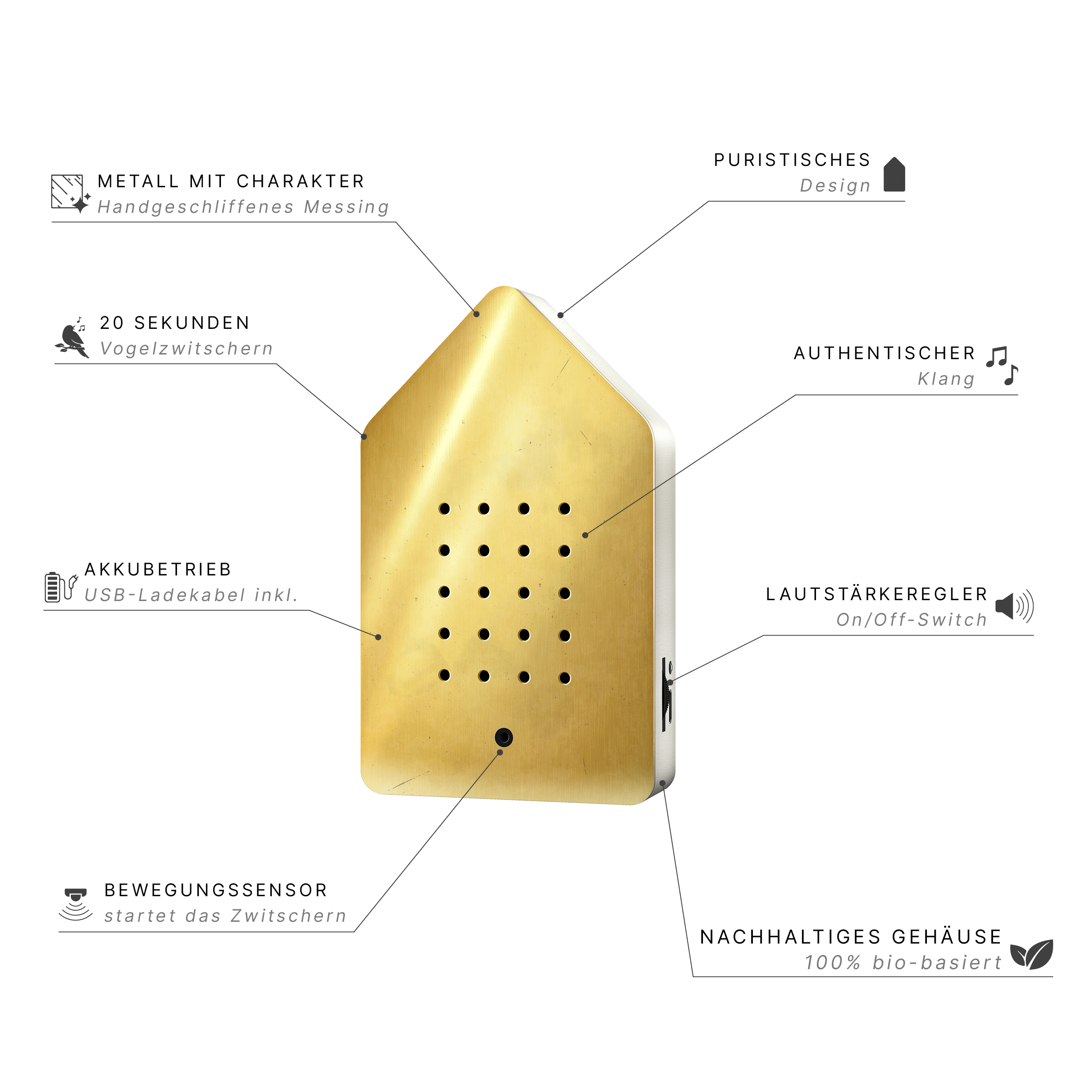 Relaxound Birdybox Goud met overzicht van functies