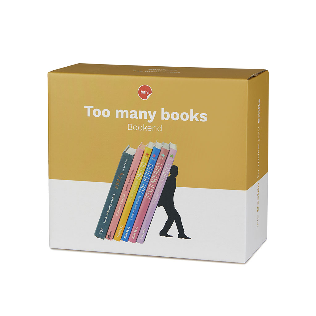 Originele verpakking van de Balvi Too Many Books boekensteun met een afbeelding van de zwarte boekensteun en kleurrijke boeken