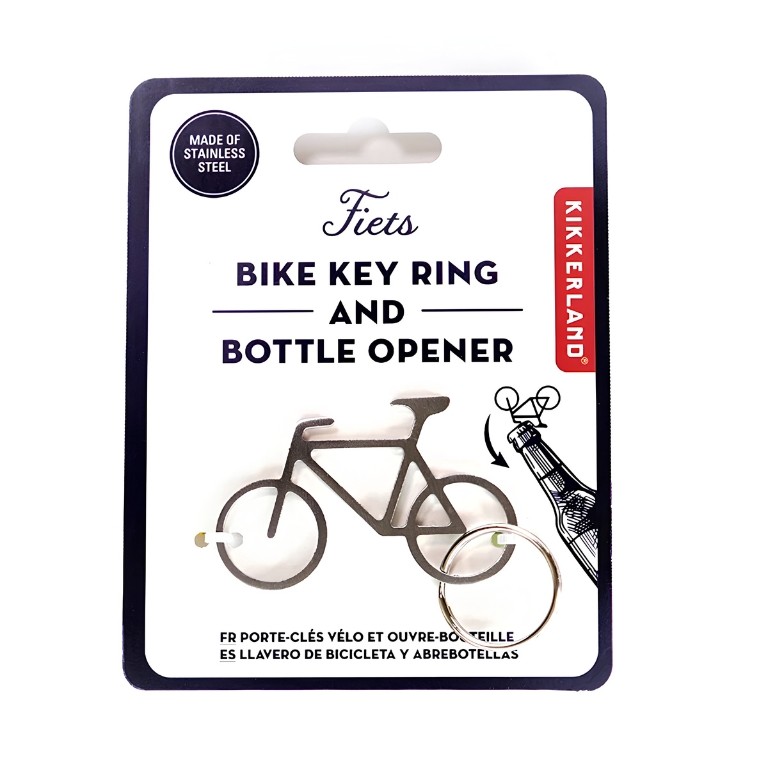 Originele verpakking van de Kikkerland Bike Key Ring and Bottle Opener met zilverkleurige fiets en sleutelring