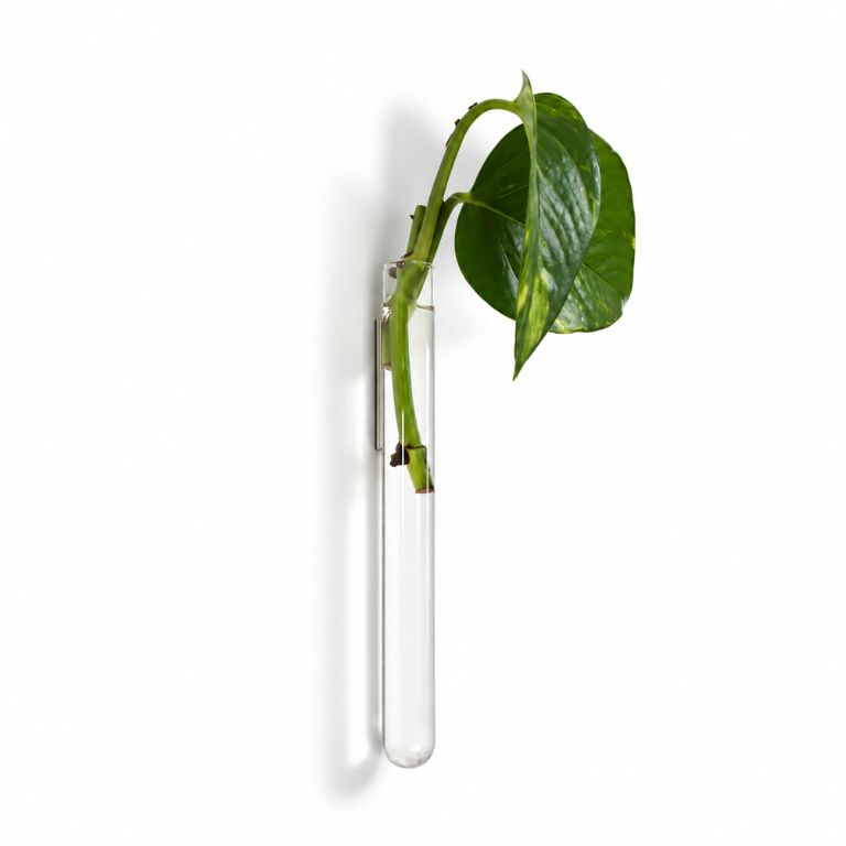 Smal glazen Muurbloempje wandvaasje met een groen plantenstekje tegen een witte achtergrond