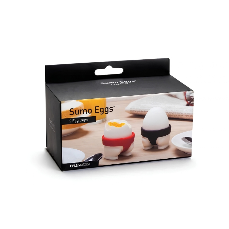 Verpakking van de Peleg Design Sumo Eggs met afbeeldingen van twee sumoworstelaar eierdopjes
